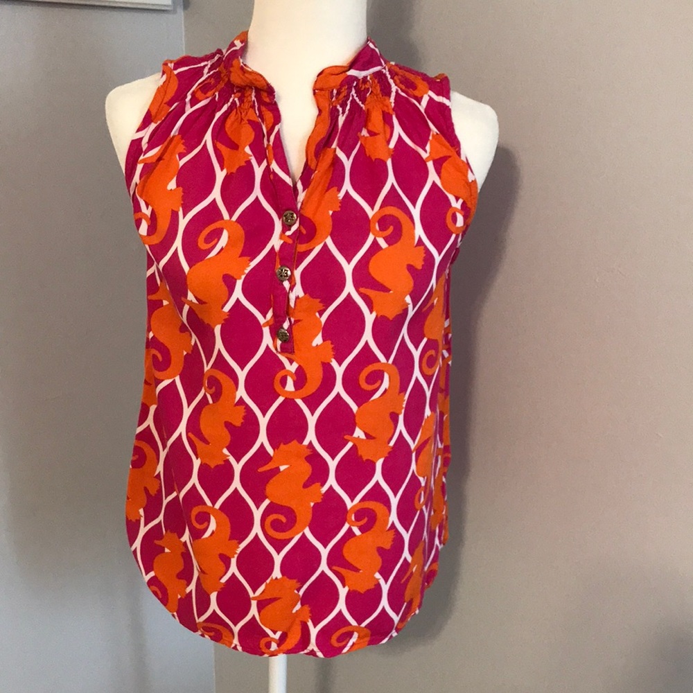 Seahorse print pink & orange sleeveless summer top XS beach weekend